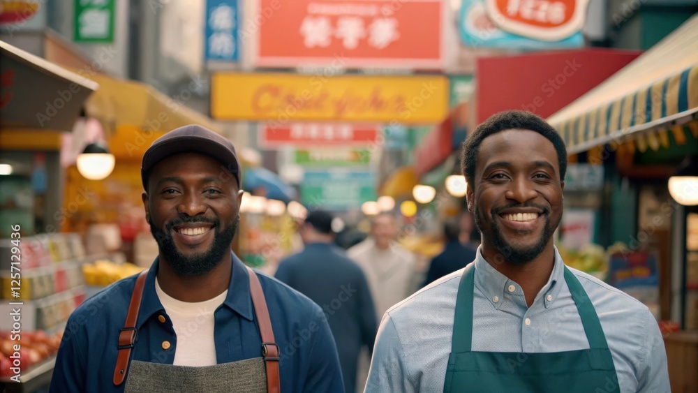 Fototapeta premium Two smiling men in aprons standing in a bustling market street