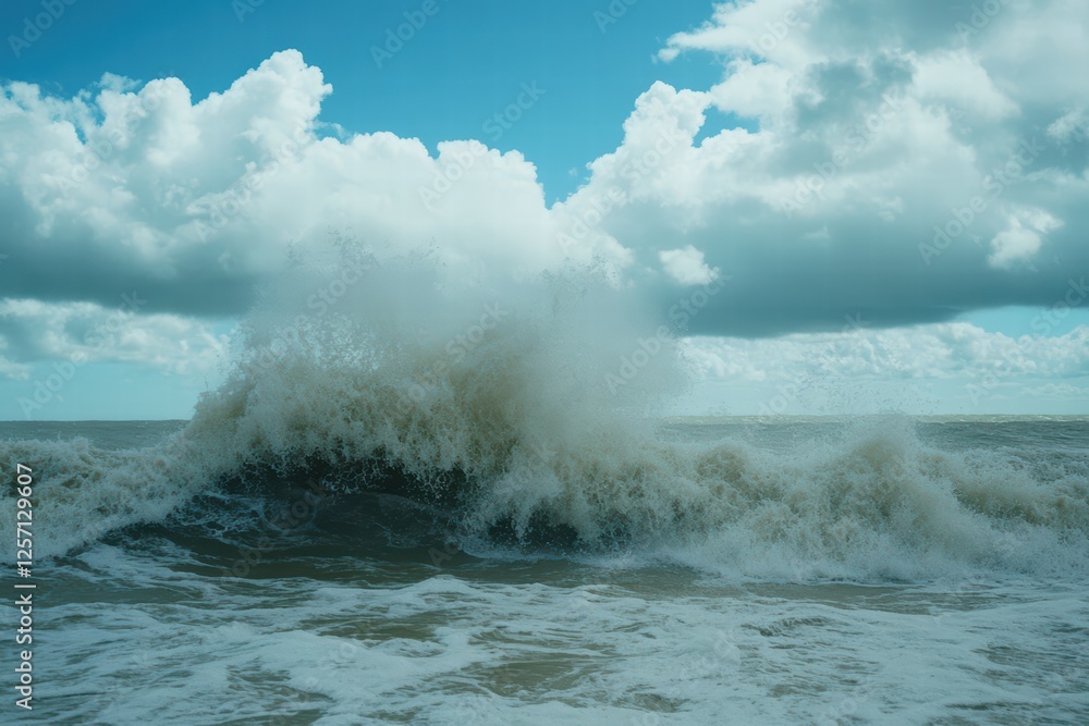 Fototapeta premium Powerful Ocean Wave Crashing Against Shore Under Dramatic Clouds