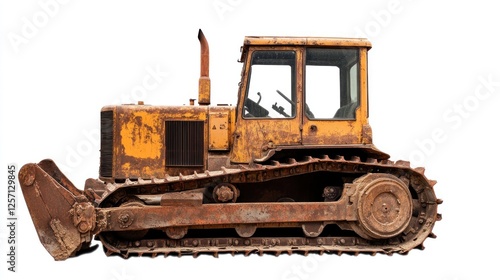 Rusted bulldozer isolated on white background photo