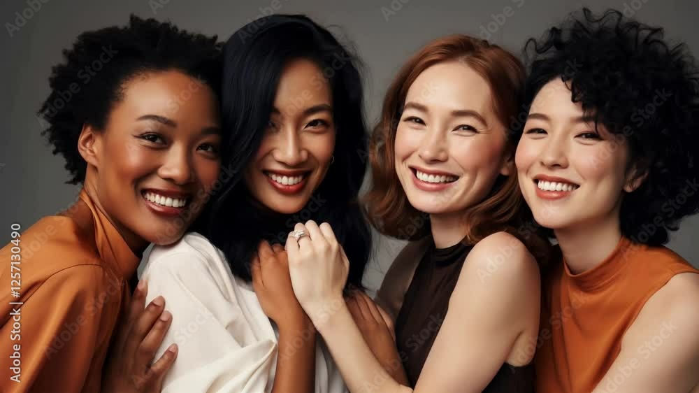 Four women with different hair colors and styles are smiling for the camera Four women with different hair colors and styles are smiling for the camera