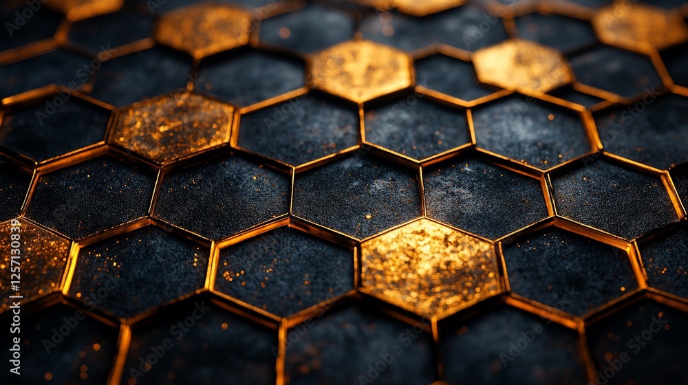 Close-up view of a textured hexagonal pattern with metallic and golden hues, ideal for backgrounds Close-up view of a textured hexagonal pattern with metallic and golden hues, ideal for backgrounds