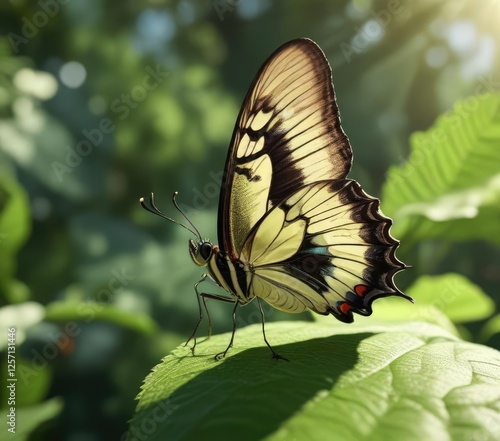 Macro image of a Papilio butterfly resting on a green leaf in the sunlight, natural, leaf