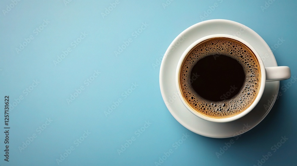 Minimalist Top View of Coffee Cup on Blue Background Minimalist Top View of Coffee Cup on Blue Background