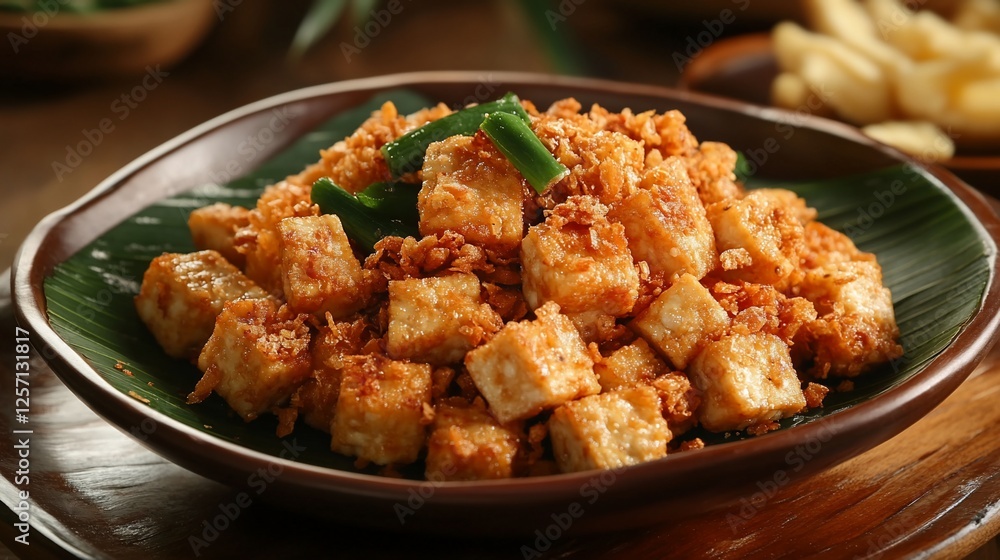 Delicious Crispy Fried Tofu with Garlic and Shallot Garnish A Culinary Delight Delicious Crispy Fried Tofu with Garlic and Shallot Garnish A Culinary Delight