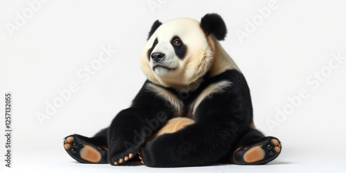 Majestic giant panda sits upright on white background with paws folded in front, eyes gazing softly ahead, giant, wildlife