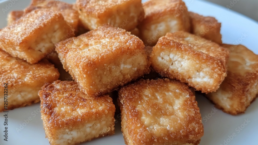 Crispy Fried Tofu Cubes Golden Brown Delicious Vegan Appetizer Snack Recipe Food Photography Crispy Fried Tofu Cubes Golden Brown Delicious Vegan Appetizer Snack Recipe Food Photography