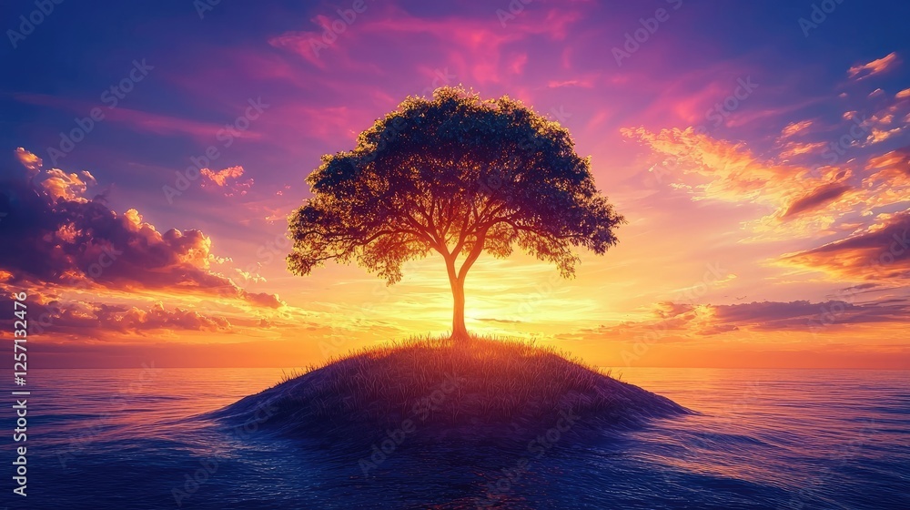 Fototapeta premium Majestic sunset over a solitary tree on a small island surrounded by calm waters