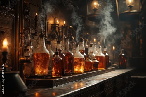 a bar with many bottles of alcohol and candles photo