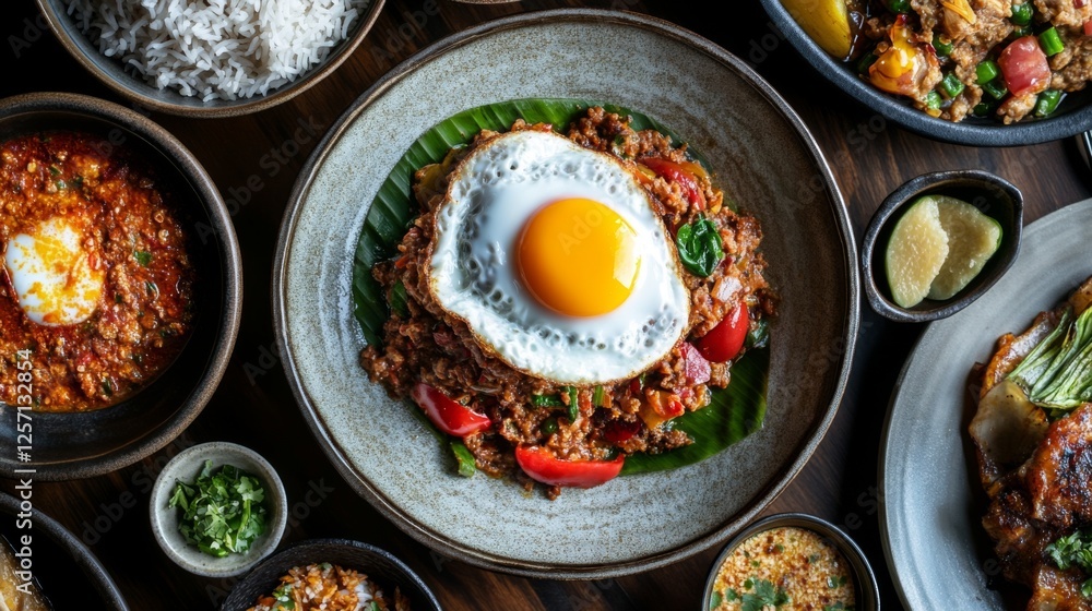 A vibrant display of Pad Kra Pao, featuring minced meat stir-fried with holy basil and chilies, served with a fried egg on top and jasmine rice on the side A vibrant display of Pad Kra Pao, featuring minced meat stir-fried with holy basil and chilies, served with a fried egg on top and jasmine rice on the side
