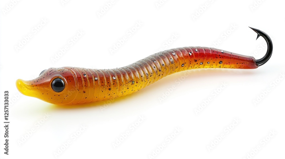 Fishing lure, worm shaped, orange and red, studio shot Fishing lure, worm shaped, orange and red, studio shot