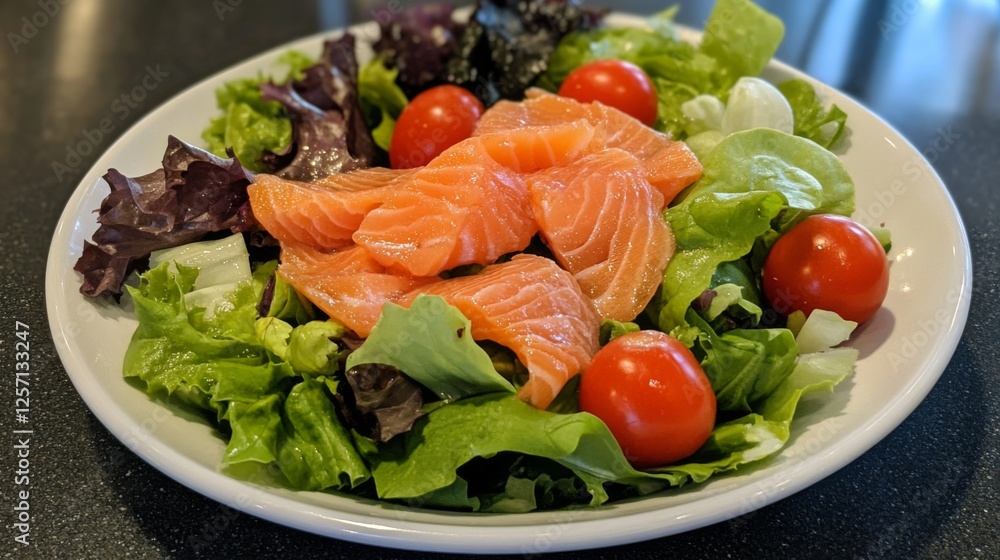 A vibrant salmon salad featuring mixed greens, cherry tomatoes, and slices of smoked salmon, dressed with a light vinaigrette, perfect for a refreshing meal A vibrant salmon salad featuring mixed greens, cherry tomatoes, and slices of smoked salmon, dressed with a light vinaigrette, perfect for a refreshing meal