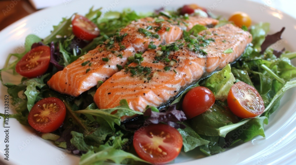 A vibrant salmon salad featuring mixed greens, cherry tomatoes, and slices of smoked salmon, dressed with a light vinaigrette, perfect for a refreshing meal A vibrant salmon salad featuring mixed greens, cherry tomatoes, and slices of smoked salmon, dressed with a light vinaigrette, perfect for a refreshing meal