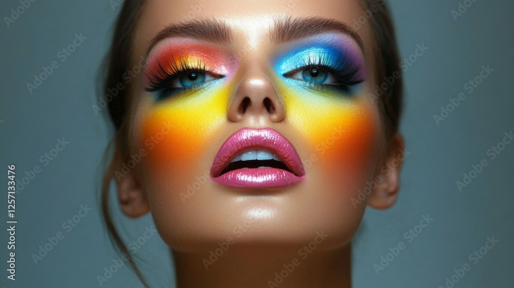 A woman with striking, colorful makeup, featuring a blend of vibrant eyeshadows and a bold lip color, highlighting her artistic expression and confidence. A woman with striking, colorful makeup, featuring a blend of vibrant eyeshadows and a bold lip color, highlighting her artistic expression and confidence.