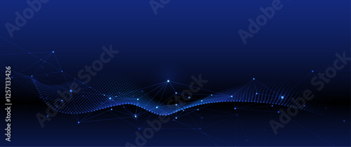 Vector illustration abstract technology with molecule, Flowing dot particle wave flow line, wireframe and dot on blue background. Datum technology network, science, artificial intelligence concept
