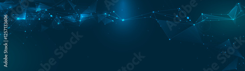 Vector Abstract molecule, internet network connection design for web site. Network Connected lines, dots, technology on blue background. Digital data, communication, cyberspace, futuristic concept