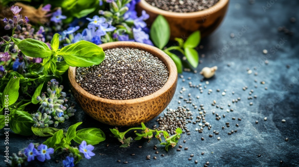 Close-up of chia and flax seeds in small wooden bowls, surrounded by raw ingredients, representing superfood grains for health Close-up of chia and flax seeds in small wooden bowls, surrounded by raw ingredients, representing superfood grains for health
