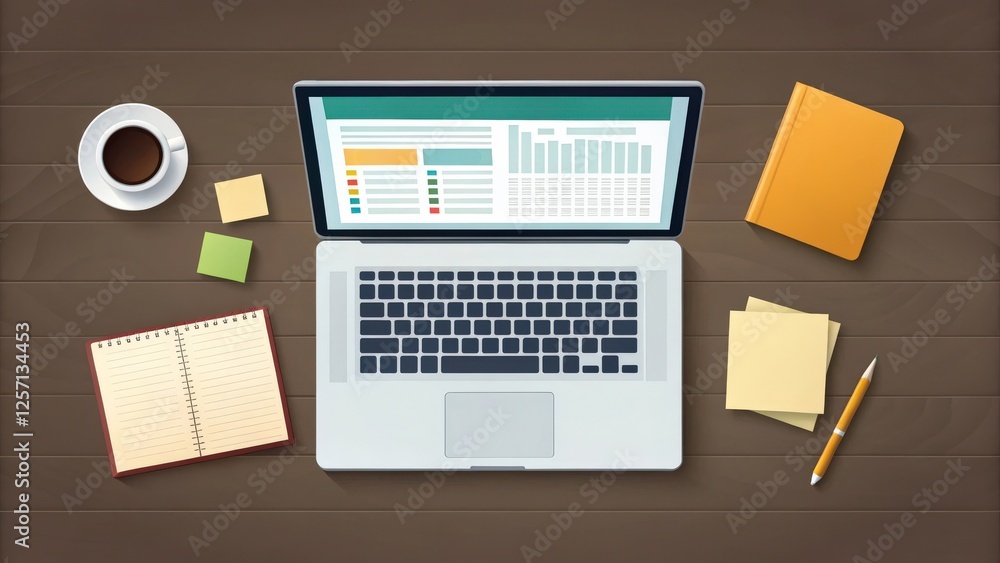 an overhead view of a workspace with a laptop computer, notebooks, a cup of coffee, and sticky notes. an overhead view of a workspace with a laptop computer, notebooks, a cup of coffee, and sticky notes.