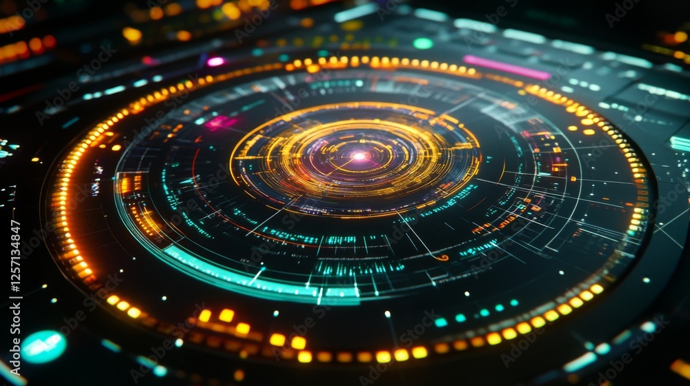 Futuristic radar-style circular graphic with bright neon lines and rotating elements on a dark tech-inspired background Futuristic radar-style circular graphic with bright neon lines and rotating elements on a dark tech-inspired background