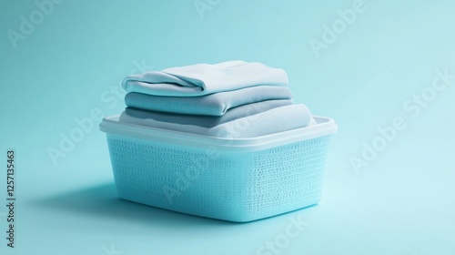 Light Blue Laundry Basket With Clothes, Minimalist Studio Shot photo