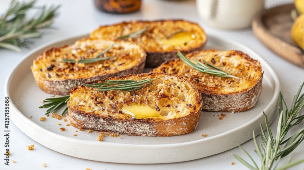 Perfectly toasted bread with a pat of melting butter, lightly toasted edges, and golden crumbs on a simple white dish for a minimalist look Perfectly toasted bread with a pat of melting butter, lightly toasted edges, and golden crumbs on a simple white dish for a minimalist look