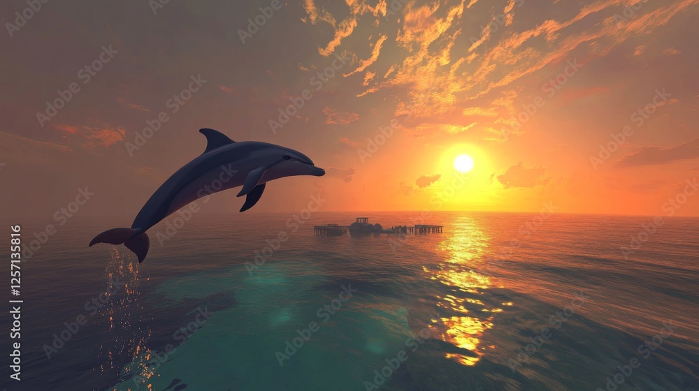 Silhouette of a dolphin jumping during sunset, with warm colors in the sky and golden reflections on the ocean Silhouette of a dolphin jumping during sunset, with warm colors in the sky and golden reflections on the ocean