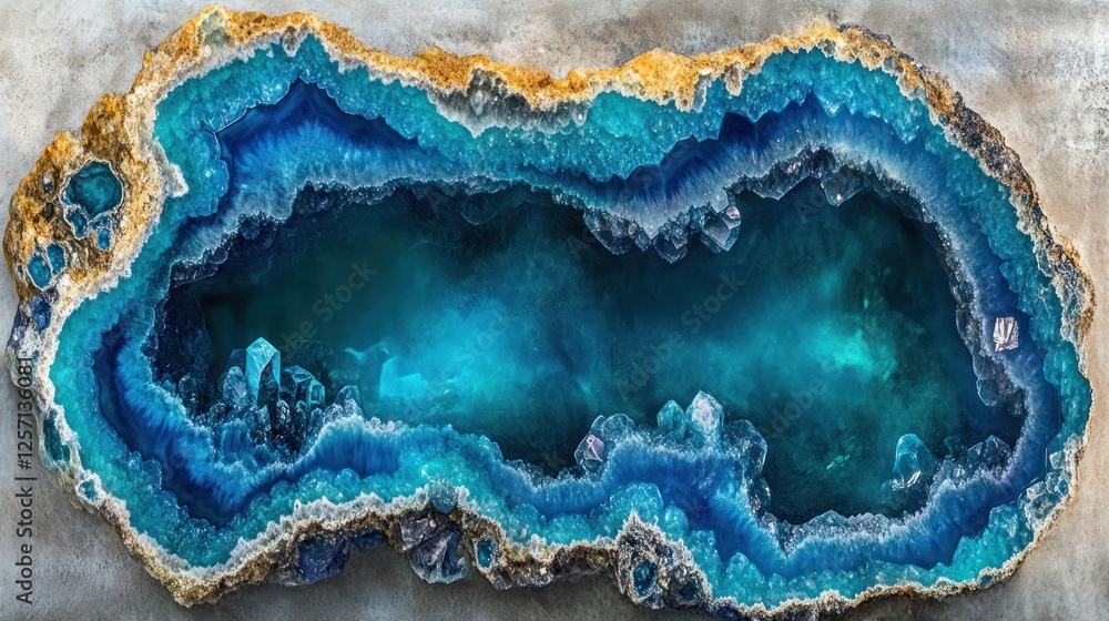 Fototapeta premium Polished blue agate geode slice with crystal details.