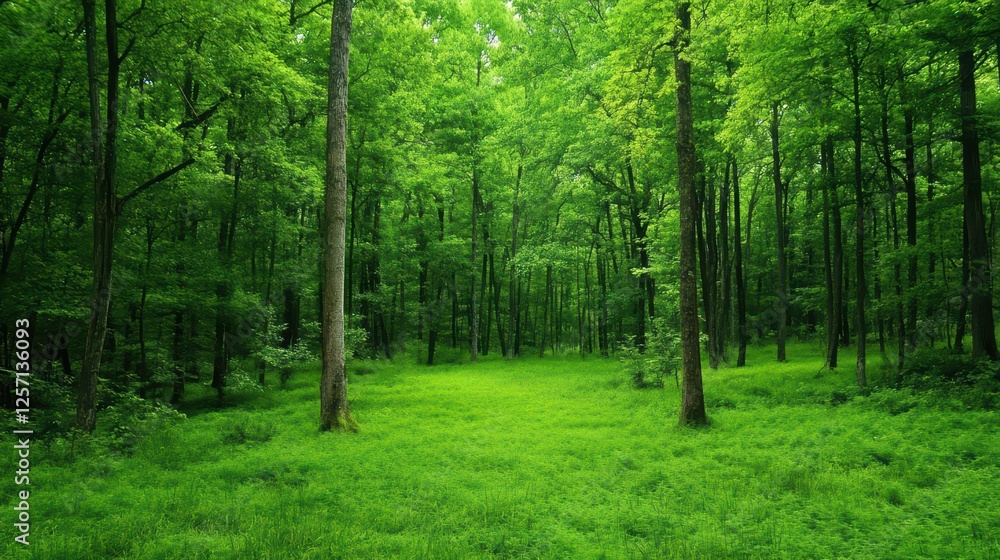 Fototapeta premium Lush Green Forest with Vibrant Foliage and Sunlit Clearing