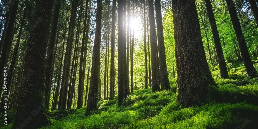 Fototapeta premium Sunlight Filtering Through Tall Trees in Lush Green Forest