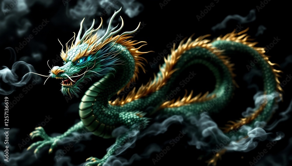Obraz premium Mystical Green Dragon with Golden Accents: Breathtaking Generative AI Artwork