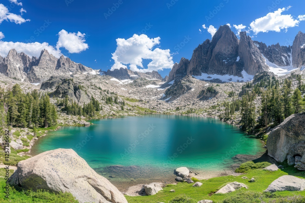 Serene Mountain Lake Surrounded by Majestic Peaks and Blue Sky Serene Mountain Lake Surrounded by Majestic Peaks and Blue Sky