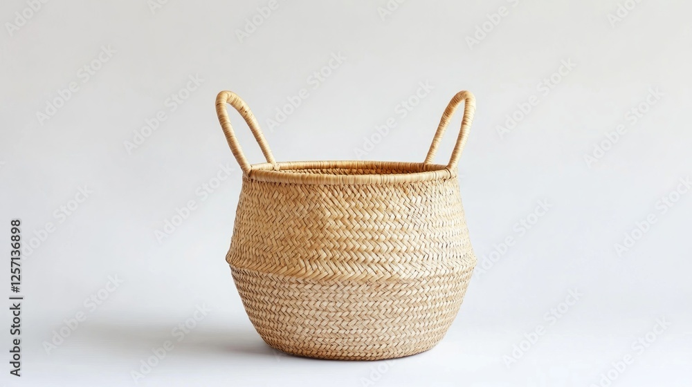 Fototapeta premium Empty light beige woven basket on white background