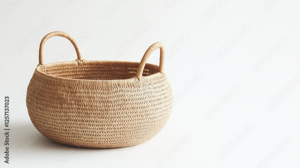 Fototapeta premium Light Beige Woven Basket on White Background