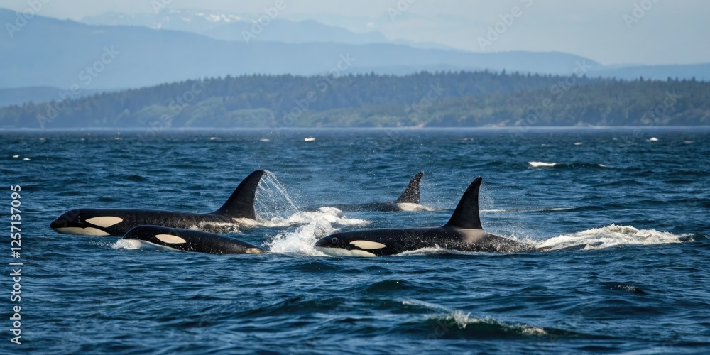 Orcas swim in school through the dark blue ocean, ocean creature, ocean animal, underwater scene, orcas Orcas swim in school through the dark blue ocean, ocean creature, ocean animal, underwater scene, orcas