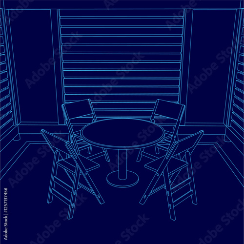 A blue drawing of a table with four chairs around it. The chairs are all lined up and facing the table. The table is round and has a clear surface
