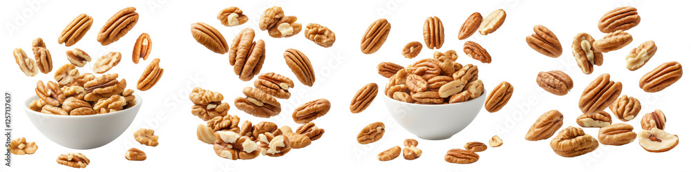 Obraz premium Pecans flying mid-air, isolate on white background. Set Collection cutout png.