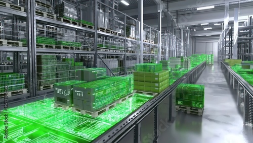 AI-driven fulfillment center optimizing storage , dynamic data projected in real-time.