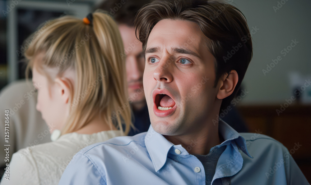 shocked young man with open mouth wide eyes looking surprised wearing blue shirt sitting indoors with people in background feeling unexpected fear or surprise shocked young man with open mouth wide eyes looking surprised wearing blue shirt sitting indoors with people in background feeling unexpected fear or surprise