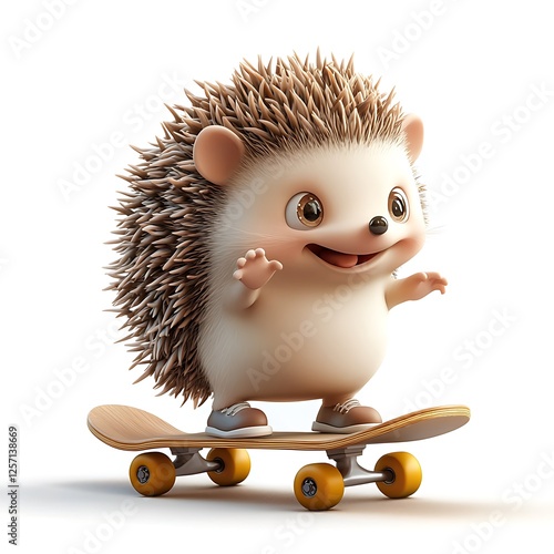 Playful 3D Cartoon Hedgehog on Skateboard