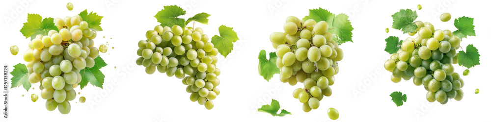 Green grape clusters and leaves flying mid-air, isolate on white background. Set Collection cutout png. Green grape clusters and leaves flying mid-air, isolate on white background. Set Collection cutout png.