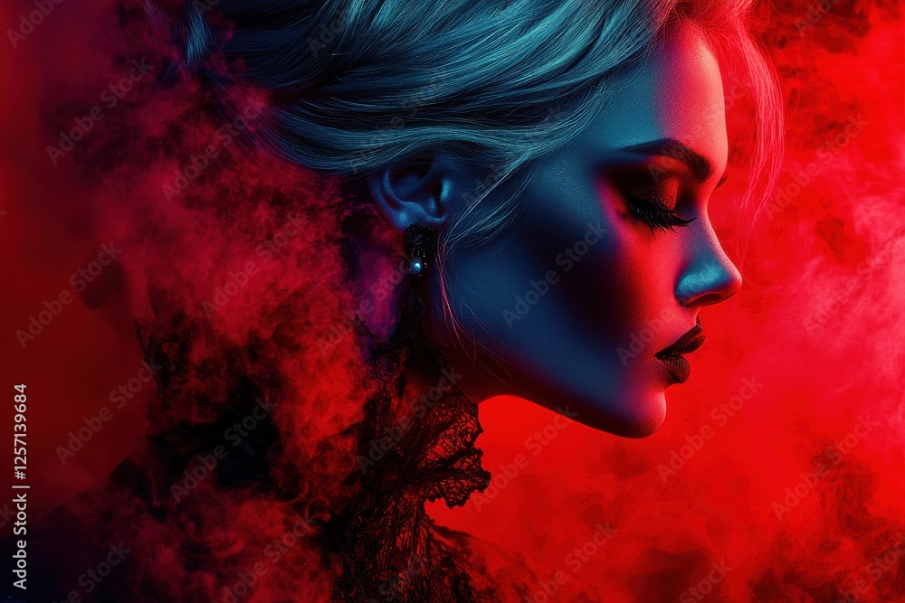 Fototapeta premium A woman's profile is dramatically lit in red and blue, smoke swirling around her. She wears elegant dark lace.