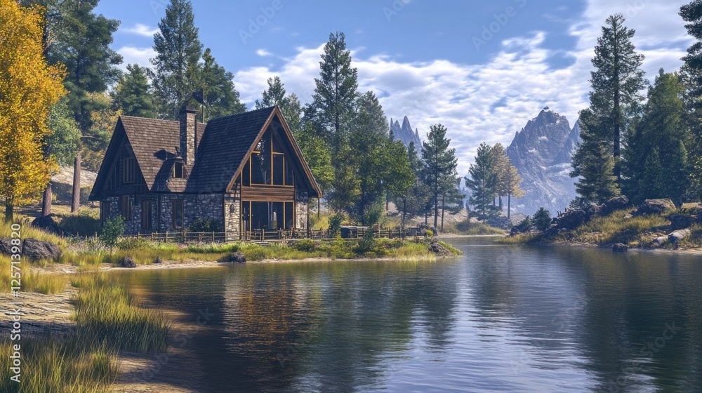 Fototapeta premium Lakeside cabin nestled in a mountain forest.