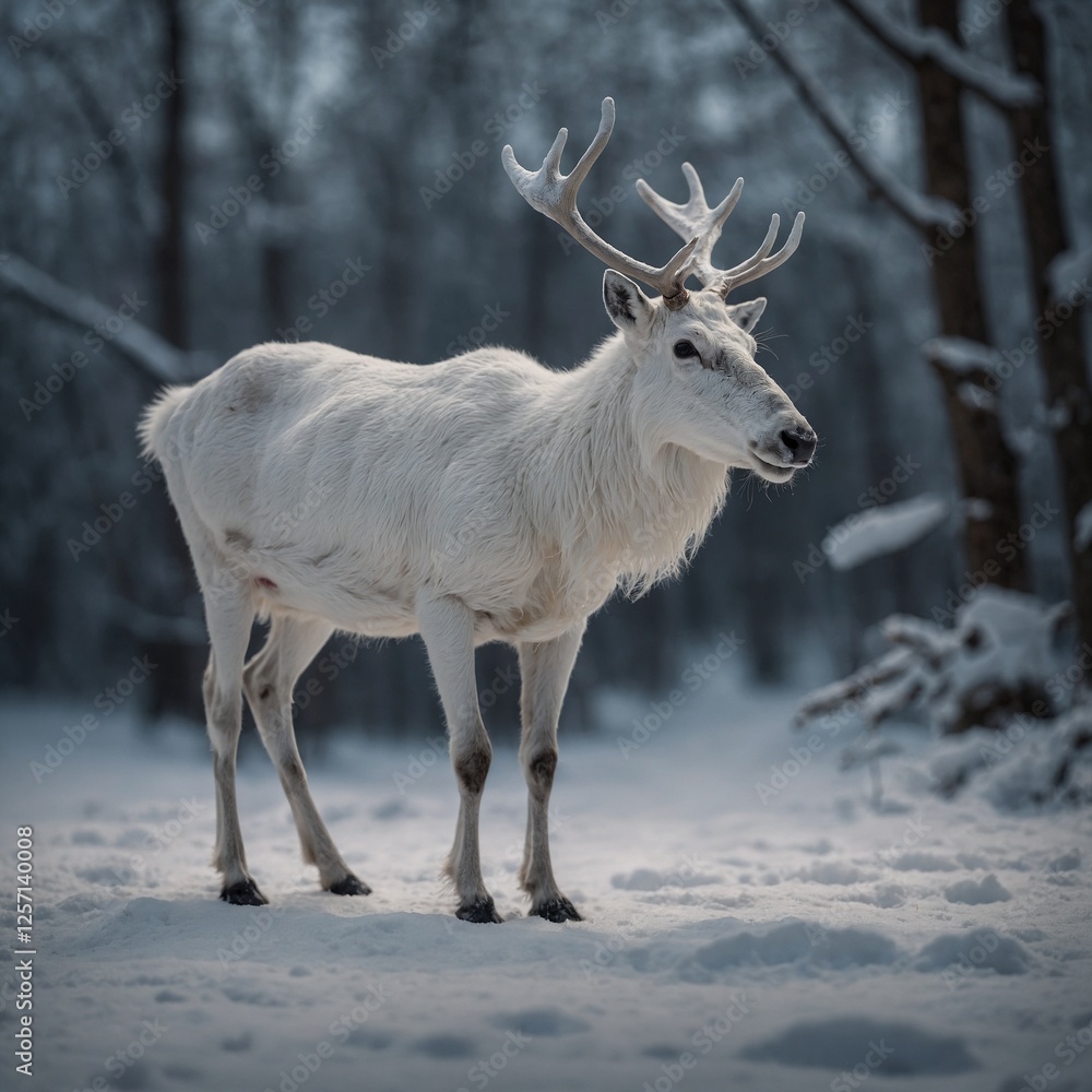 Fototapeta premium A miniature white reindeer standing gracefully.