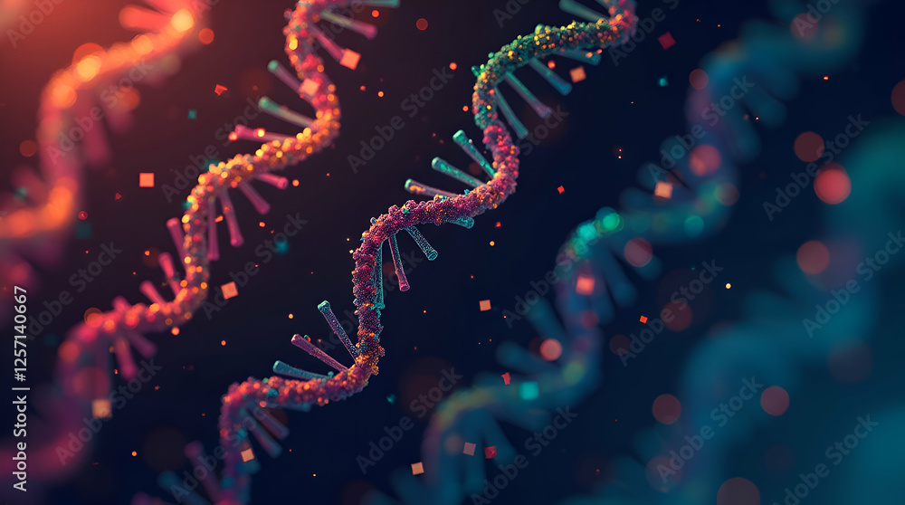 Dna helix enlarged model in bright colors and spots, Multi Color DNA Structure On Black Backdrop, Colored genetic code DNA molecule structure, Photo Illustration Image Dna helix enlarged model in bright colors and spots, Multi Color DNA Structure On Black Backdrop, Colored genetic code DNA molecule structure, Photo Illustration Image