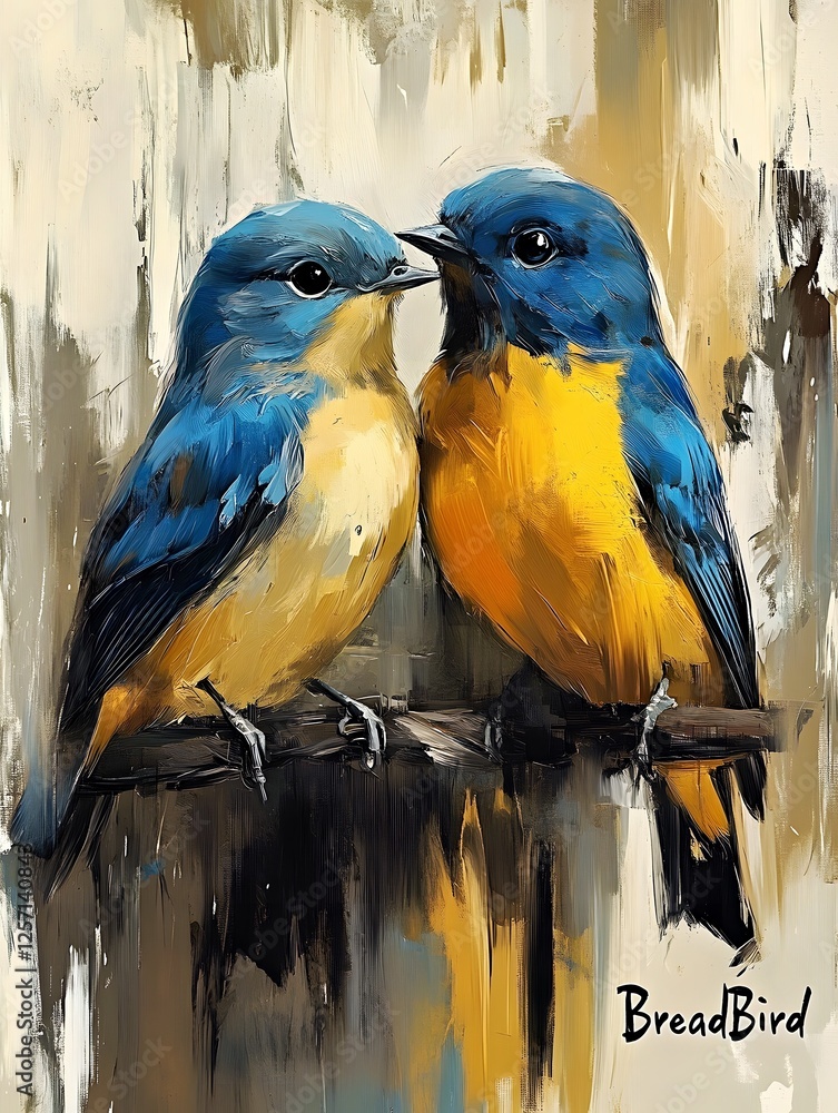 Obraz premium Two Blue and Yellow Birds on Branch
