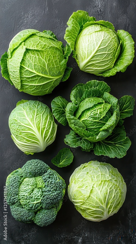 Fototapeta premium Fresh Green Cabbage Collection Isolated With Vibrant Colors on a White Background. Generative AI