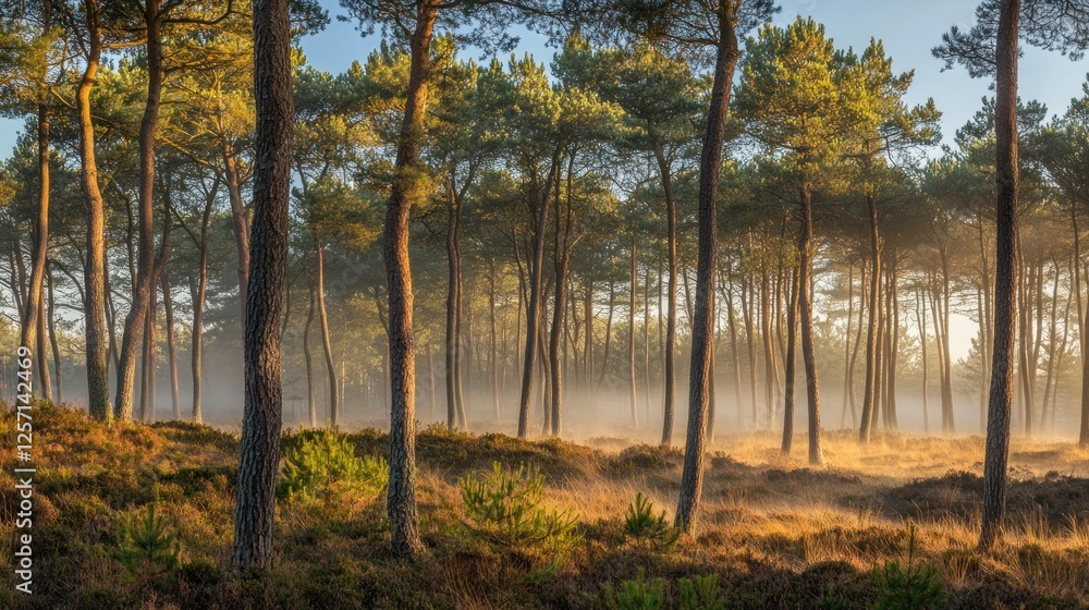 Fototapeta premium Golden light shines through the misty tranquil pine tree forest