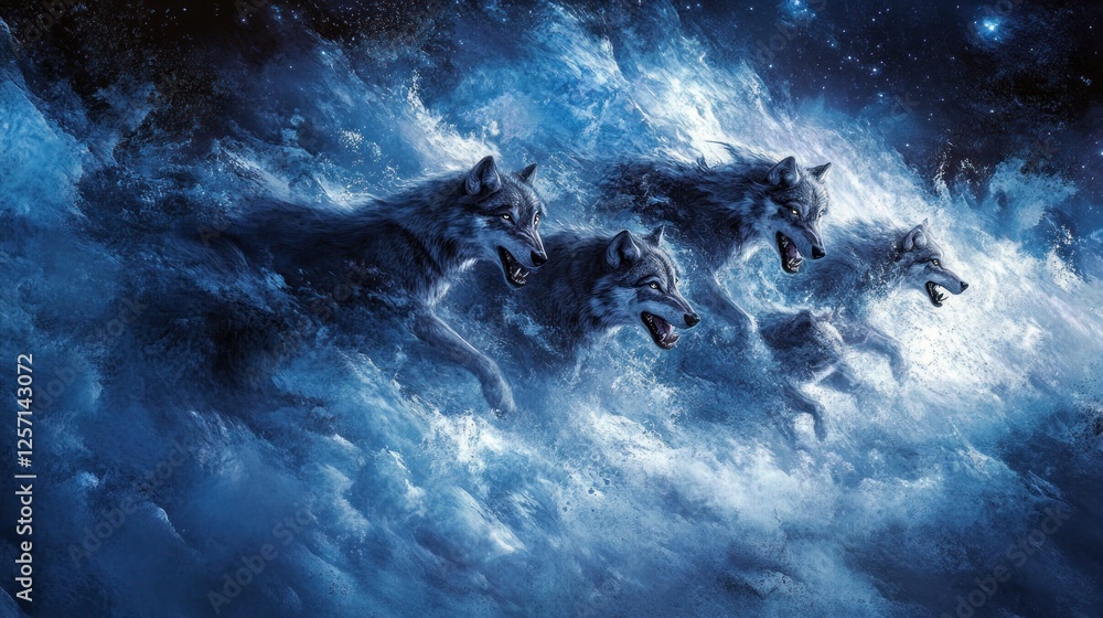 Obraz premium Pack of wolves run through ethereal blue energy and space