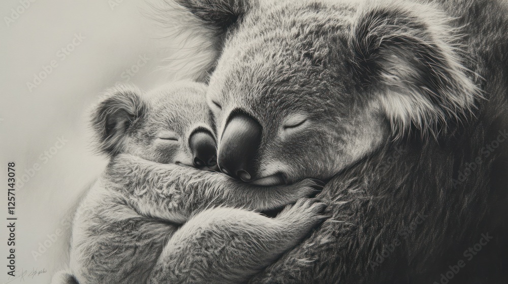 Fototapeta premium Koala mom affectionately embraces her sleeping baby with love
