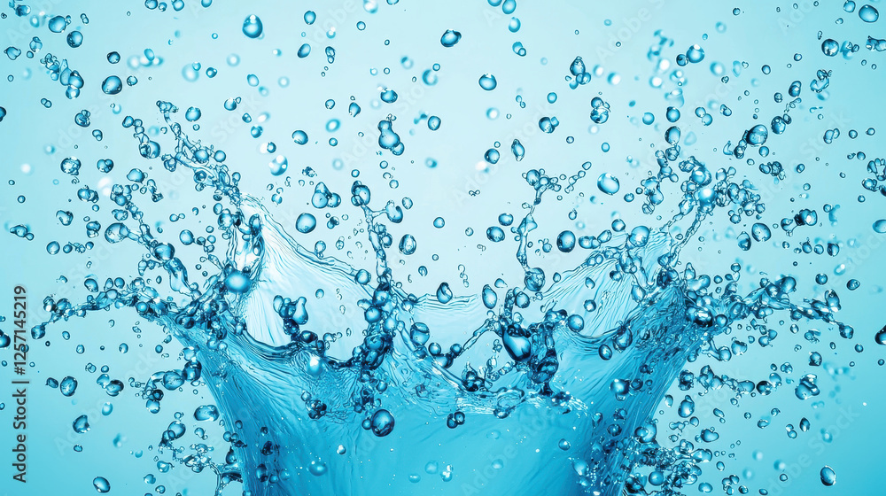 Splashing water creates dynamic droplets against blue background, evoking freshness and energy