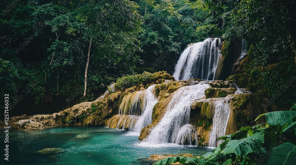 Naklejka premium A cascading waterfall surrounded by lush greenery and moss-covered rocks.